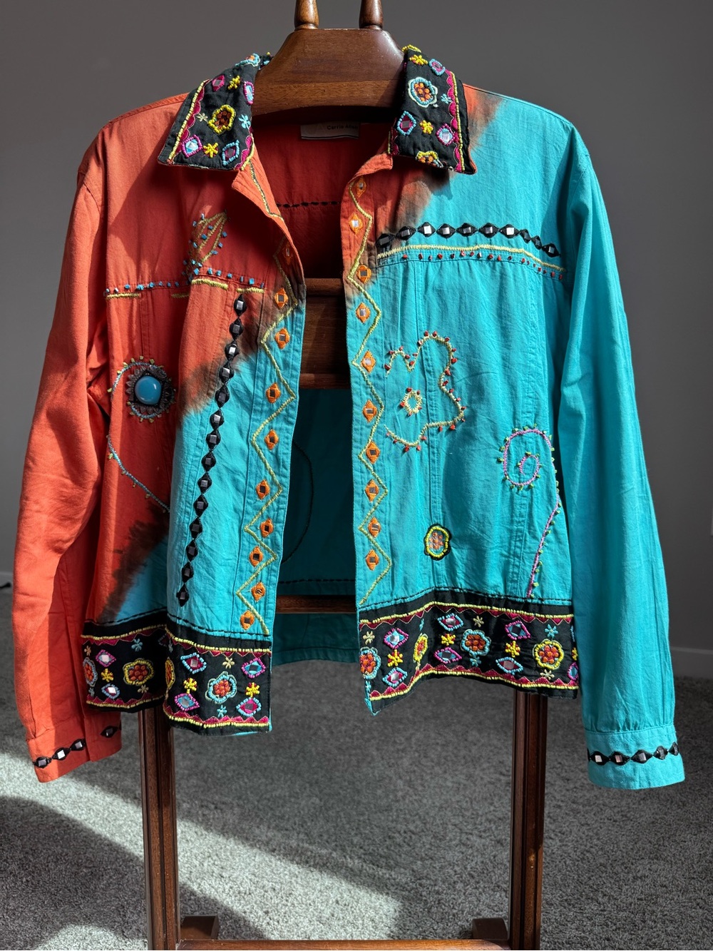 Carrie Allen Beaded Embroidered Art Jacket Boho Wearable Art Hand Painted L